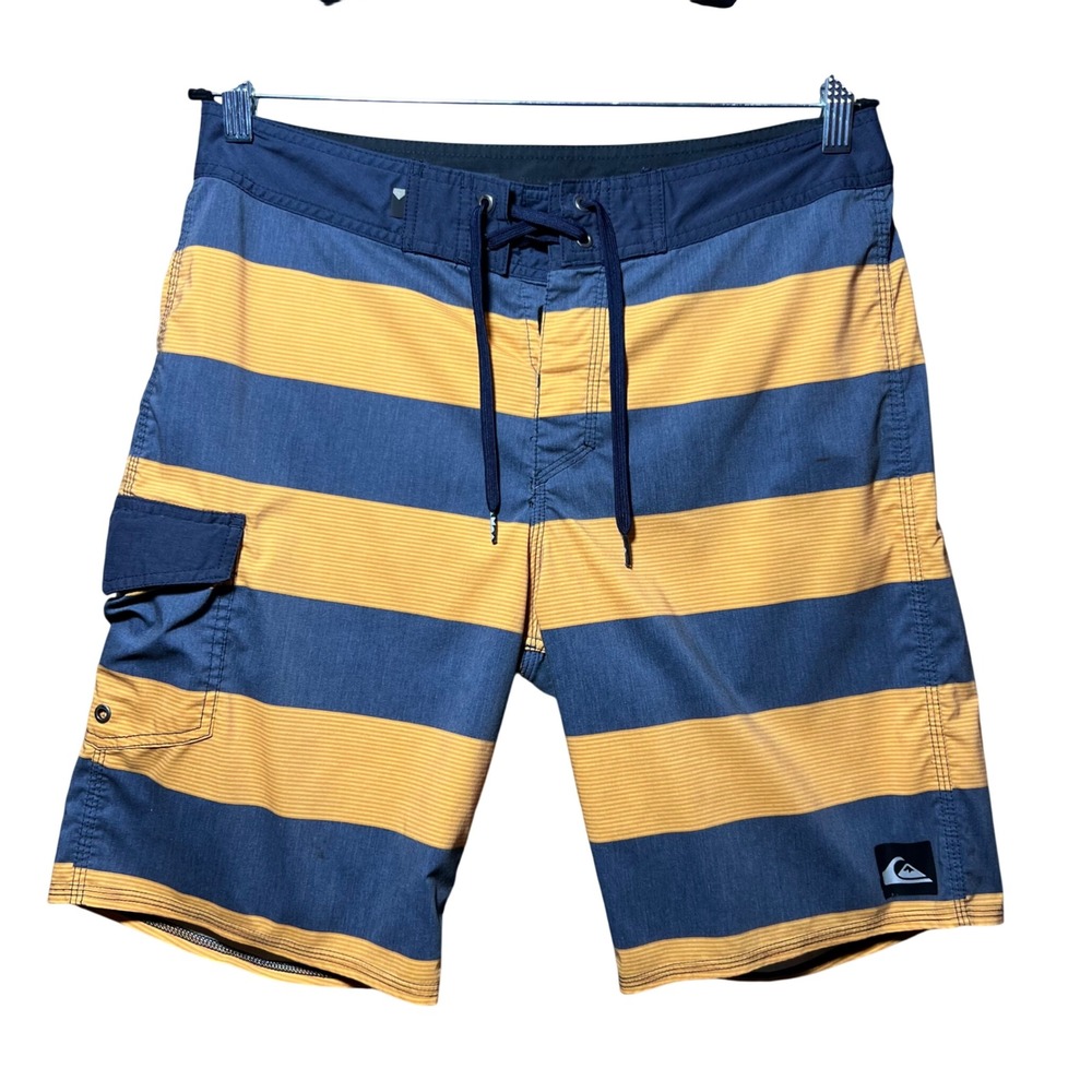 Quiksilver DryFlight Mens Board Shorts Size 31 Blue Yellow Striped Swim Trunks